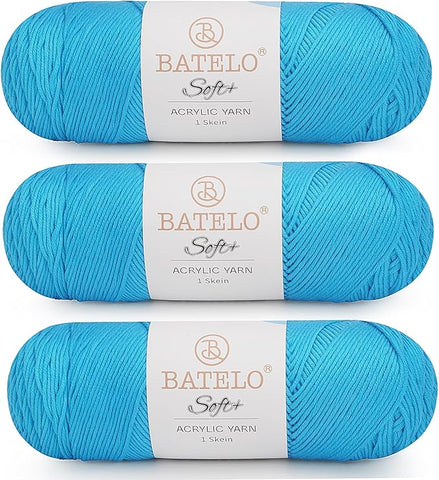 Three cyan blue BATELO medium acrylic yarn skeins with white labels on a white background