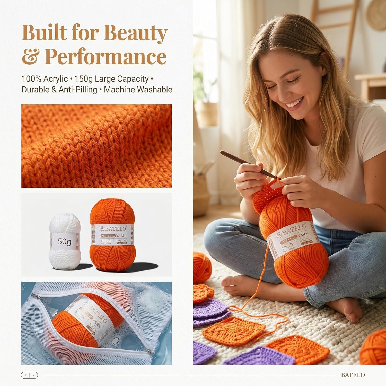 Woman crocheting with orange acrylic yarn beside washable and anti-pilling feature panels