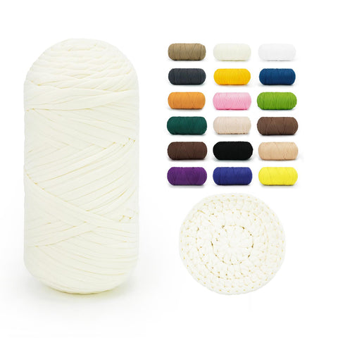 Ivory BATELO stretchy T-shirt yarn roll with crochet swatch and color chart