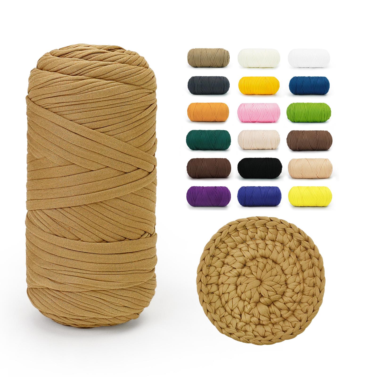 Golden Tan BATELO stretchy T-shirt yarn roll with crochet swatch and color chart