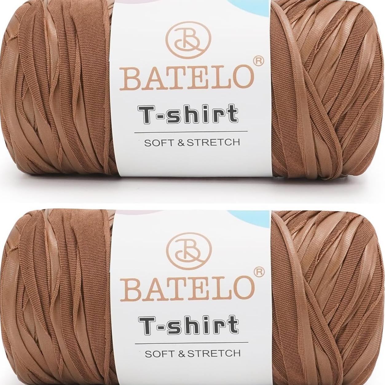 Two warm brown BATELO leather-look T-shirt yarn skeins with branded labels on a white background