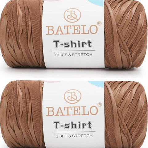 Two warm brown BATELO leather-look T-shirt yarn skeins with branded labels on a white background