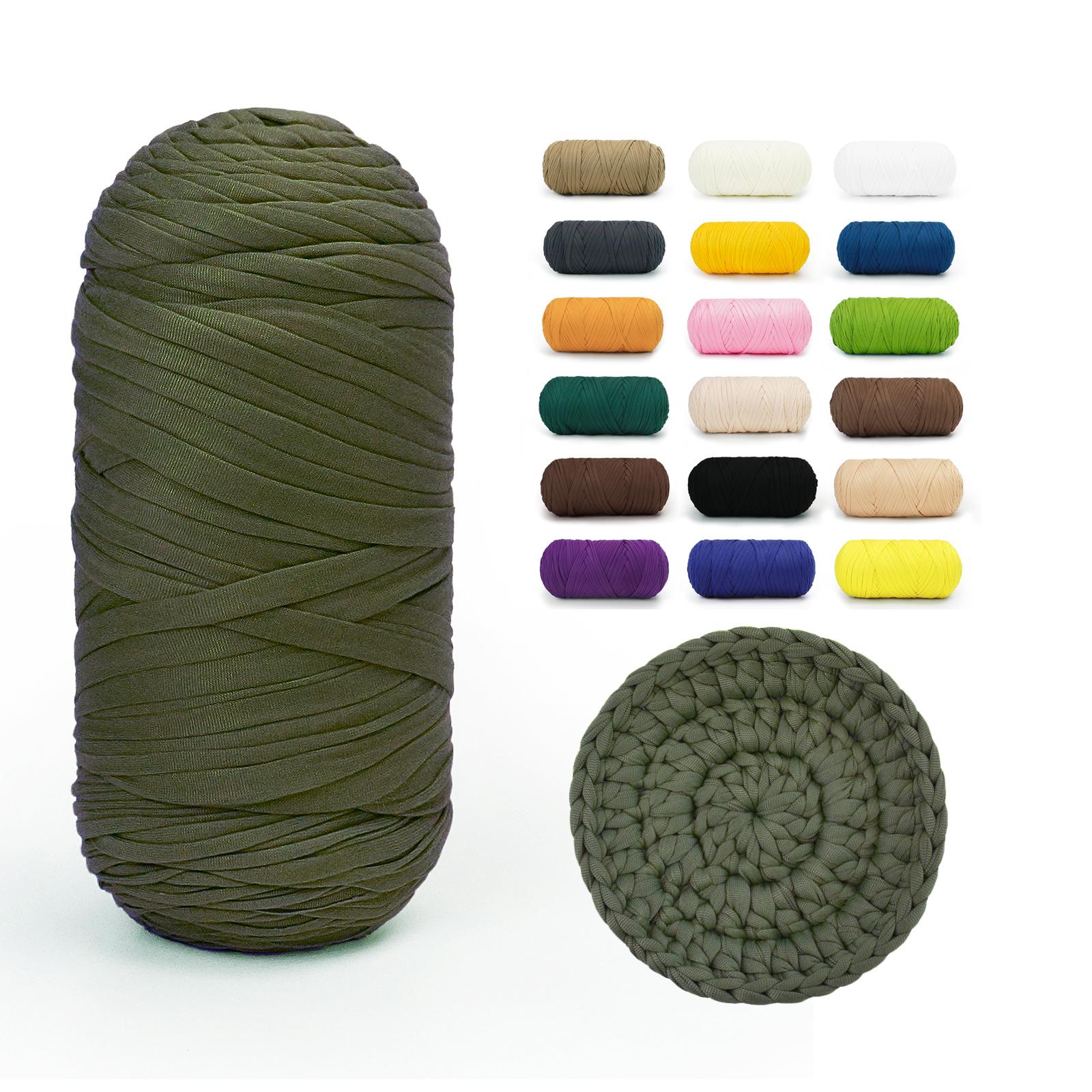 Dark Olive BATELO stretchy T-shirt yarn roll with crochet swatch and color chart