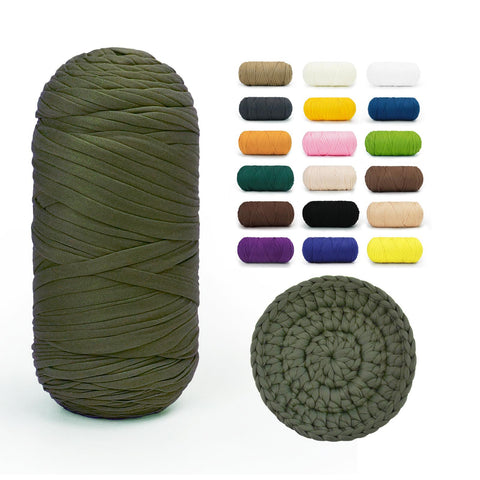 Dark Olive BATELO stretchy T-shirt yarn roll with crochet swatch and color chart