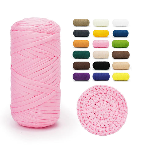Pink BATELO stretchy T-shirt yarn roll with crochet swatch and color chart