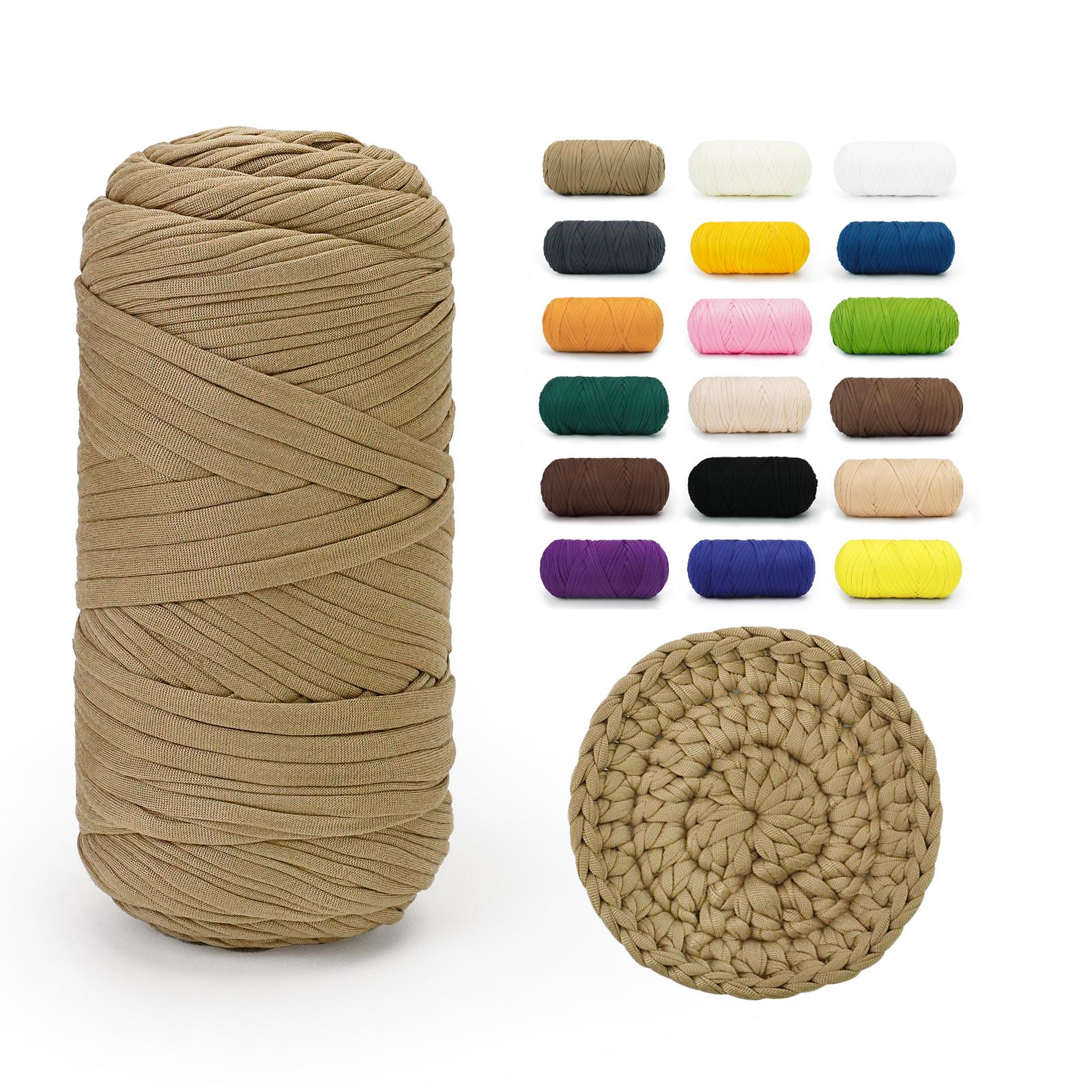 Taupe BATELO stretchy T-shirt yarn roll with crochet swatch and color chart