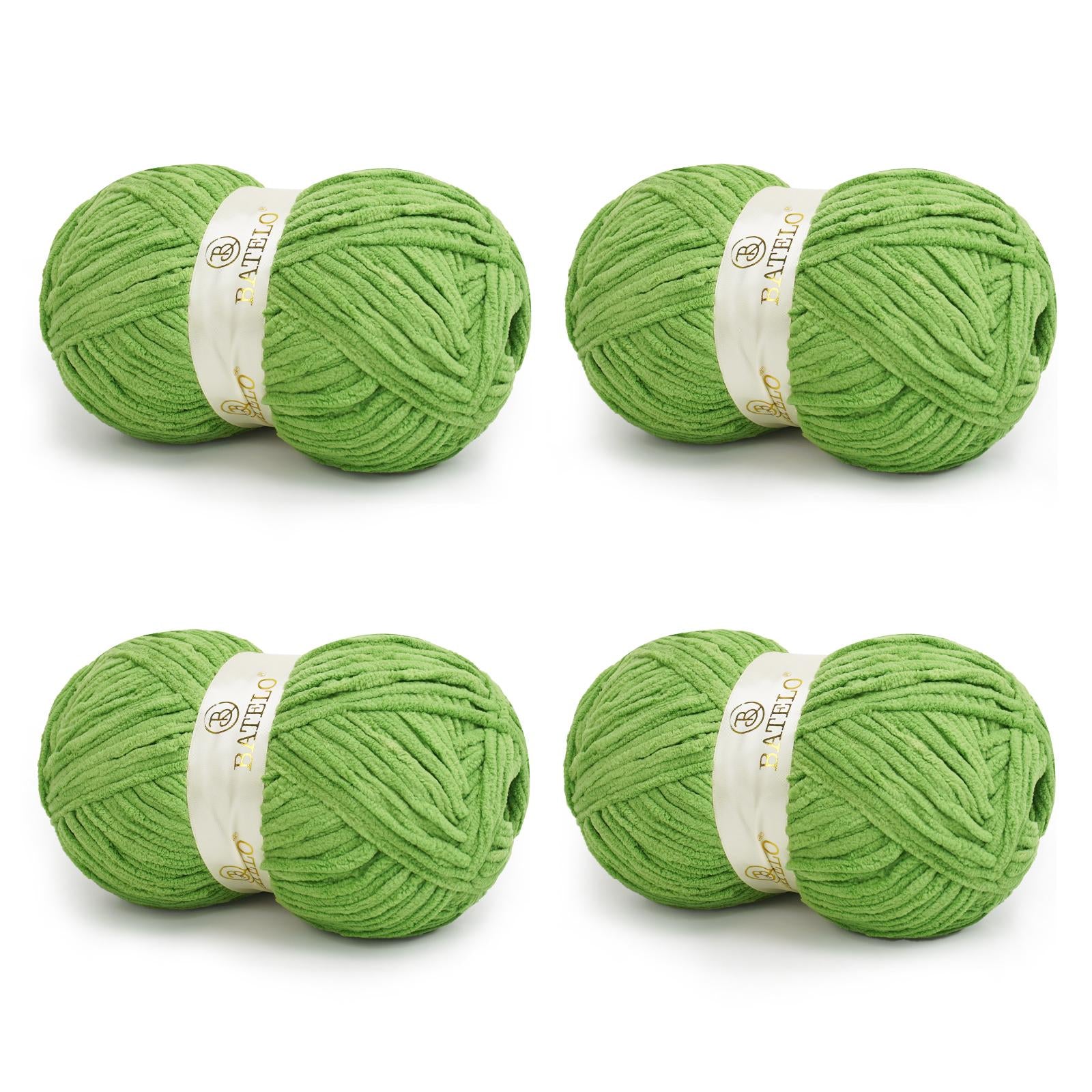 Four green BATELO bulky chenille blanket yarn skeins arranged on a white background