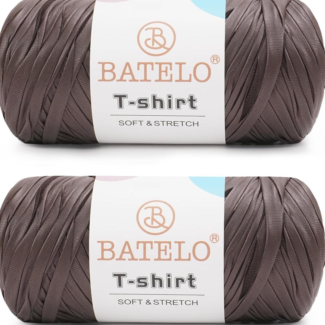 Two coffee brown BATELO leather-look T-shirt yarn skeins with branded labels on a white background