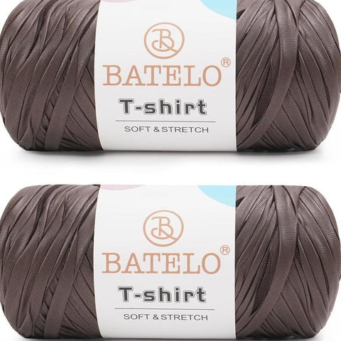 Two coffee brown BATELO leather-look T-shirt yarn skeins with branded labels on a white background