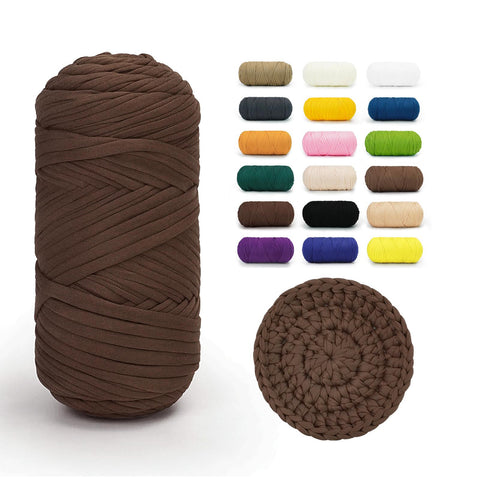 Dark Brown BATELO stretchy T-shirt yarn roll with crochet swatch and color chart