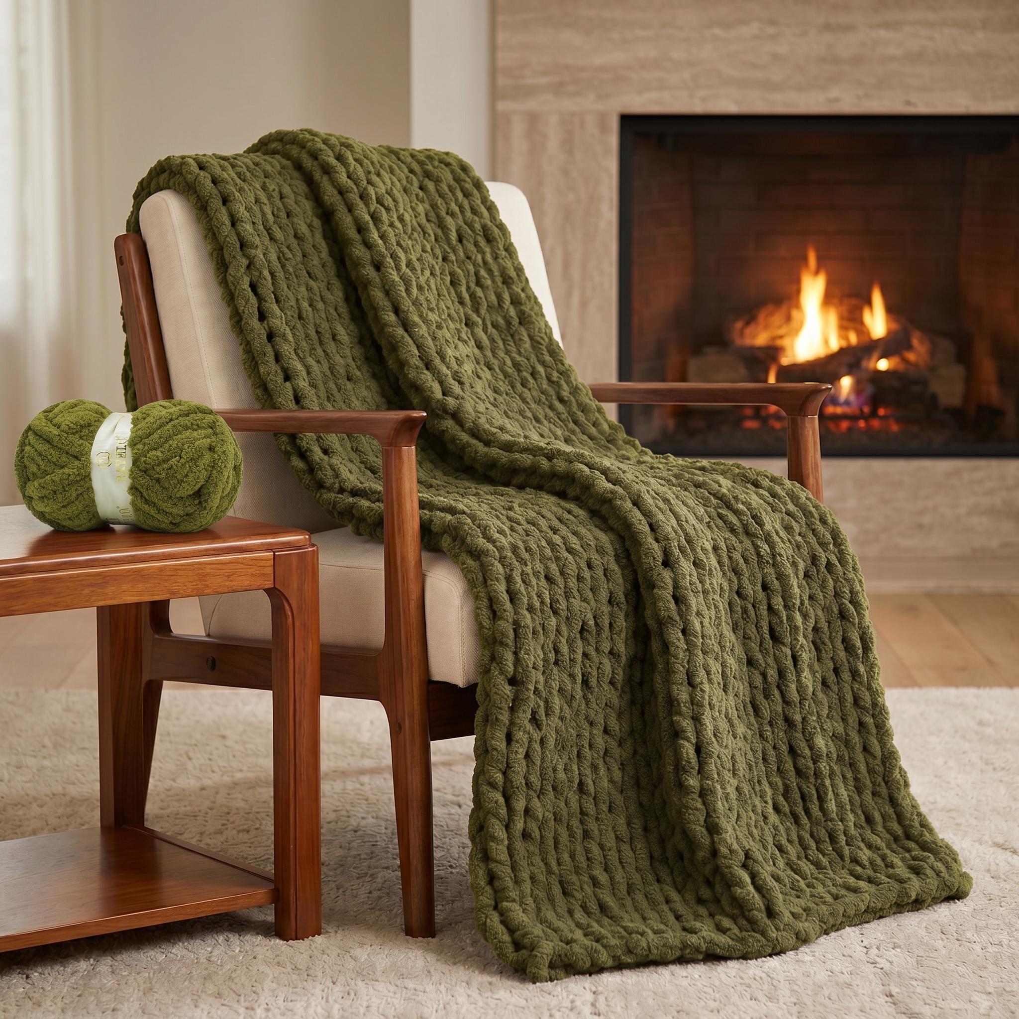 Olive Green chunky chenille knit blanket draped over a wooden chair beside a lit fireplace