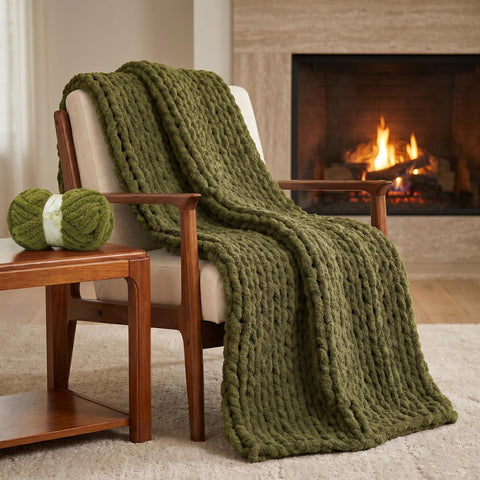 Olive Green chunky chenille knit blanket draped over a wooden chair beside a lit fireplace