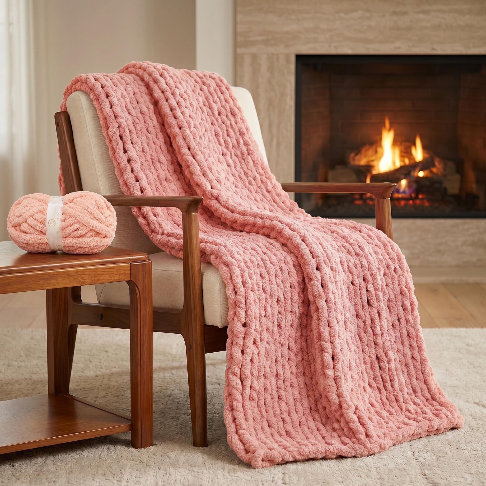 Soft Pink chunky chenille knit blanket draped over a wooden chair beside a lit fireplace