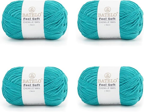 Four turquoise BATELO thin chenille yarn skeins with Feel Soft labels on a white background