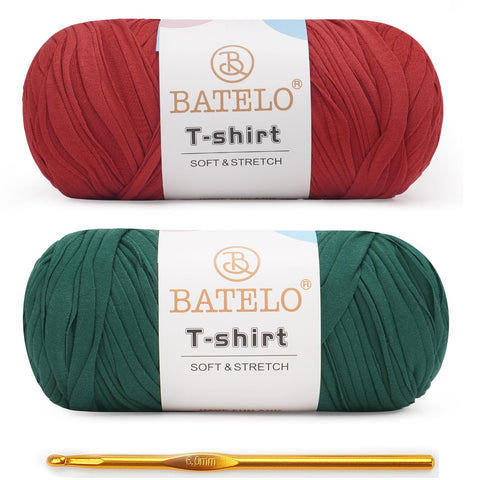 BATELO T-Shirt Yarn 2-Pack with 1 Crochet Hook, Elastic Spaghetti Fabric Yarn for Bags & Baskets, Soft Durable 95% Polyester 5% Spandex Fabric for Home Decor Handicrafts
