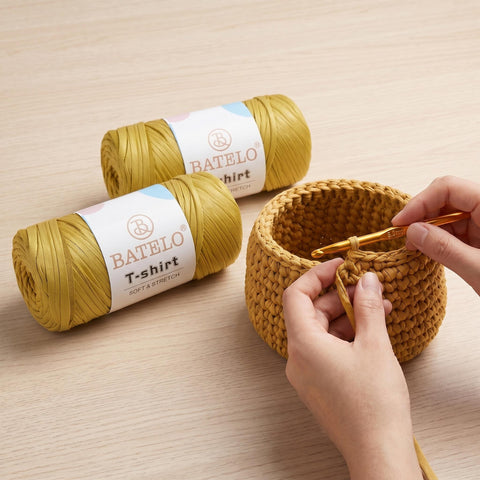 BATELO mustard yellow thick polyester yarn balls with crocheted basket project