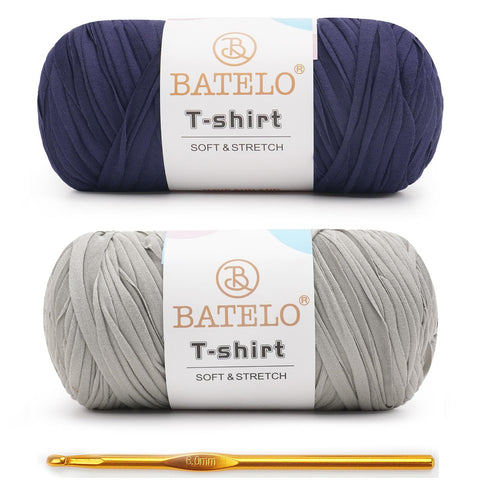 BATELO T-Shirt Yarn 2-Pack with 1 Crochet Hook, Elastic Spaghetti Fabric Yarn for Bags & Baskets, Soft Durable 95% Polyester 5% Spandex Fabric for Home Decor Handicrafts