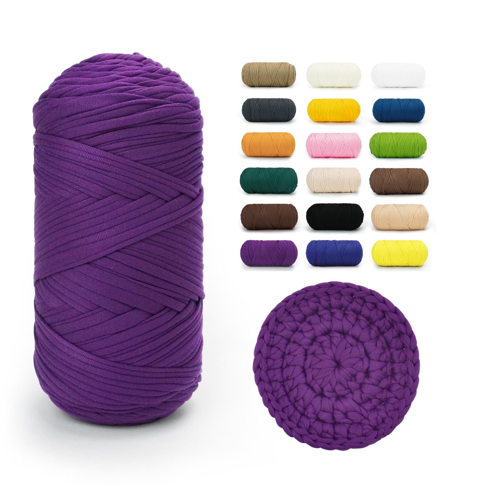Purple BATELO stretchy T-shirt yarn roll with crochet swatch and color chart