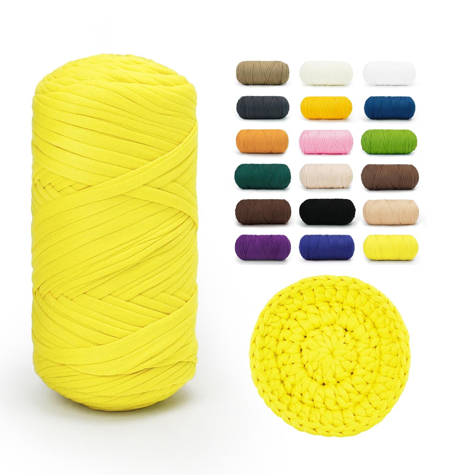 Neon Yellow BATELO stretchy T-shirt yarn roll with crochet swatch and color chart