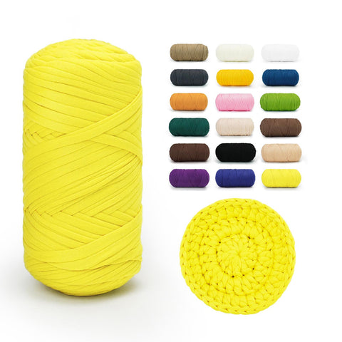 Neon Yellow BATELO stretchy T-shirt yarn roll with crochet swatch and color chart