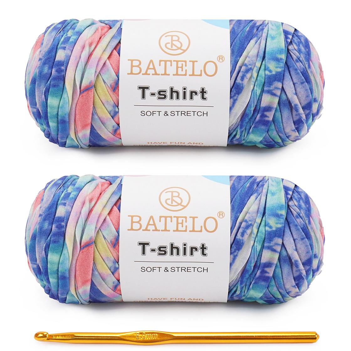 Two blue, pink, and purple variegated BATELO T-shirt yarn skeins with a gold crochet hook on a white background