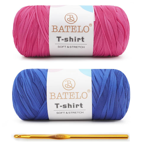BATELO T-Shirt Yarn 2-Pack with 1 Crochet Hook, Elastic Spaghetti Fabric Yarn for Bags & Baskets, Soft Durable 95% Polyester 5% Spandex Fabric for Home Decor Handicrafts