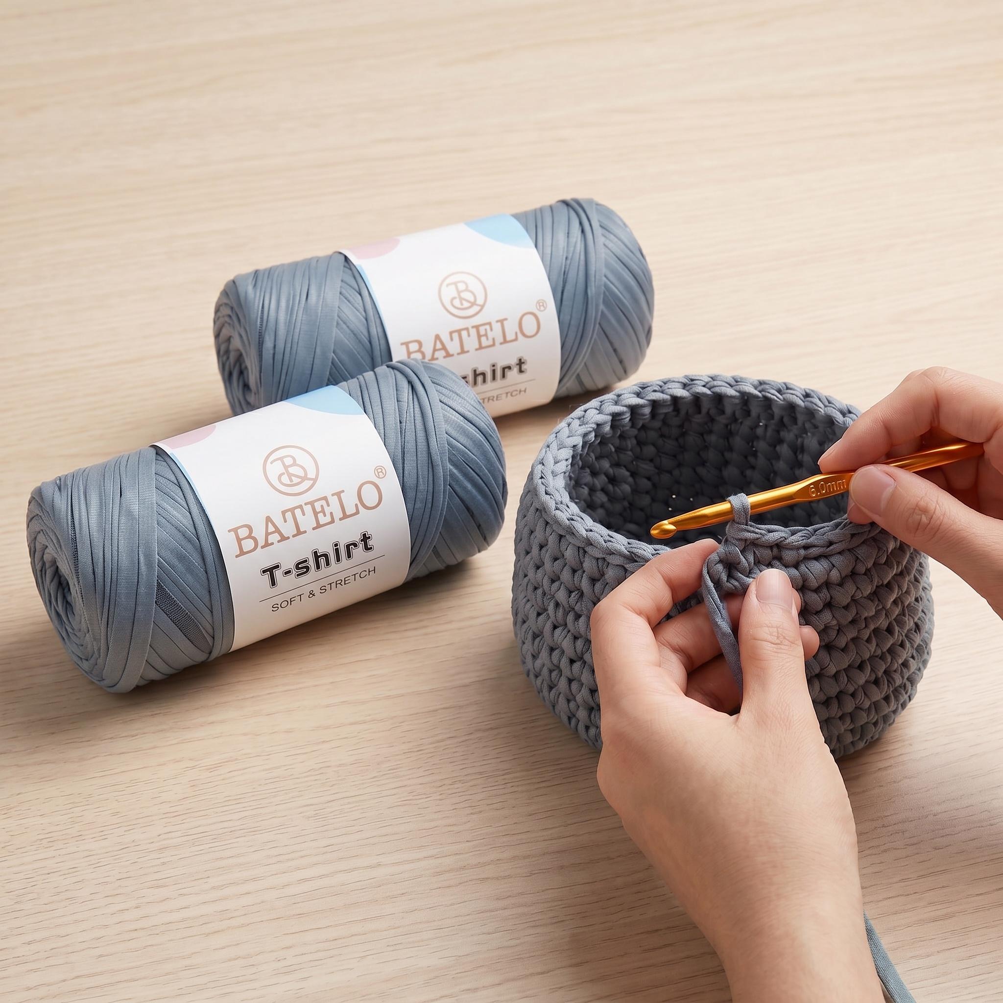 BATELO light gray thick polyester yarn balls with crocheted basket project