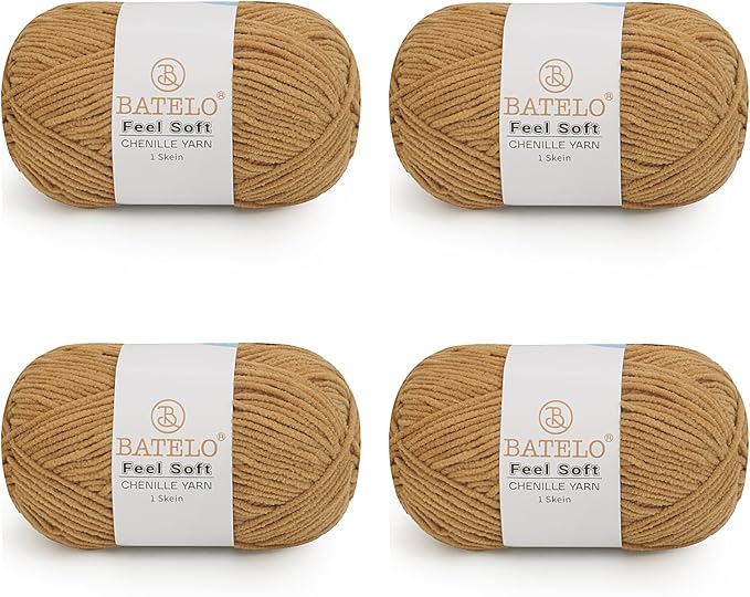 Four warm brown BATELO thin chenille yarn skeins with Feel Soft labels on a white background