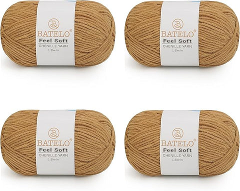 Four warm brown BATELO thin chenille yarn skeins with Feel Soft labels on a white background