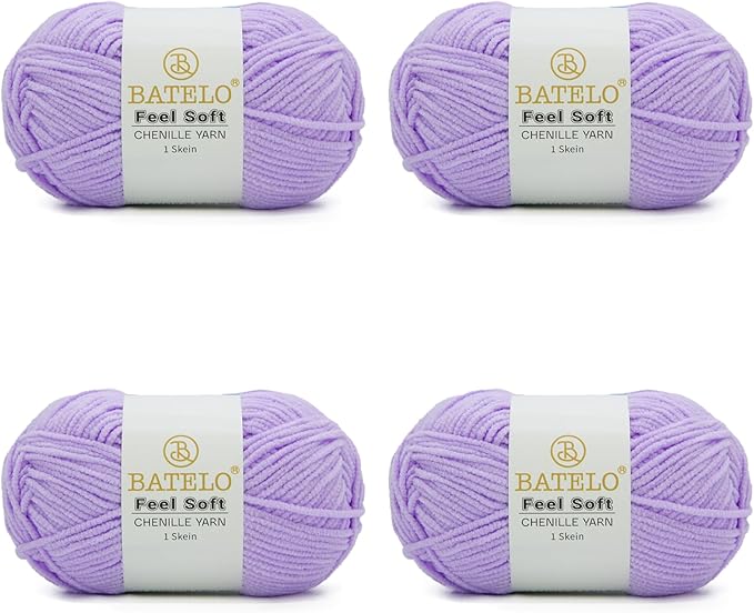 Four lilac BATELO thin chenille yarn skeins with Feel Soft labels on a white background
