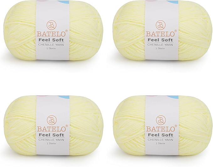 Four cream BATELO thin chenille yarn skeins with Feel Soft labels on a white background