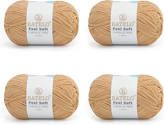 Four camel BATELO thin chenille yarn skeins with Feel Soft labels on a white background