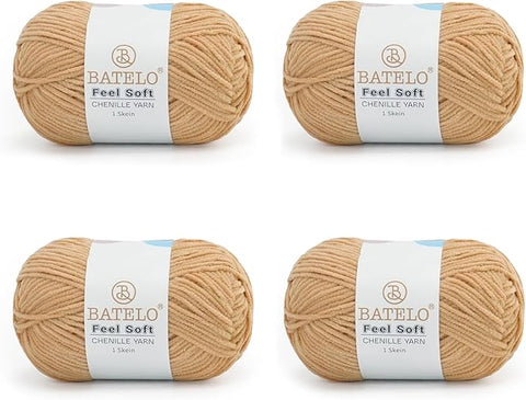 Four camel BATELO thin chenille yarn skeins with Feel Soft labels on a white background