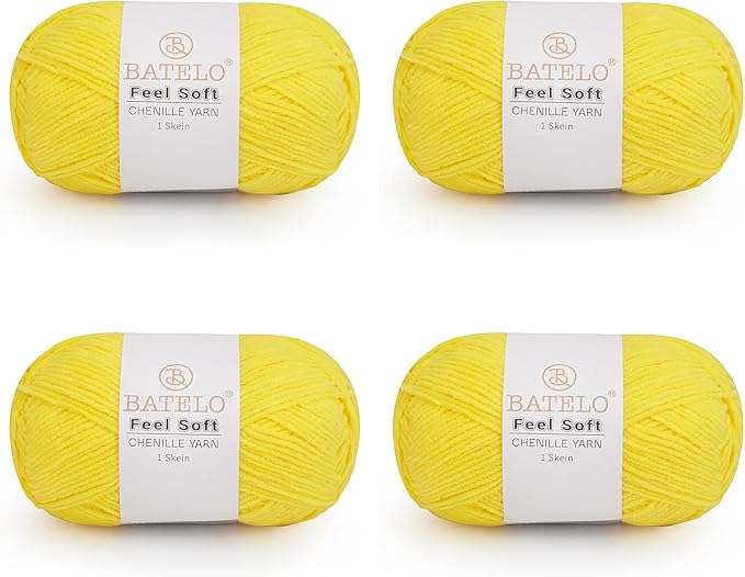Four yellow BATELO thin chenille yarn skeins with Feel Soft labels on a white background