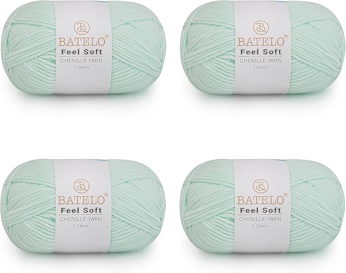 Four pale mint BATELO thin chenille yarn skeins with Feel Soft labels on a white background