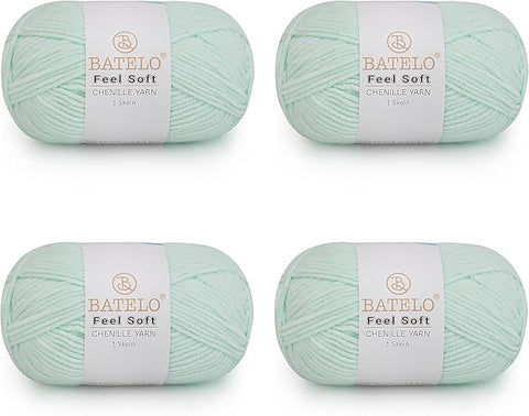 Four pale mint BATELO thin chenille yarn skeins with Feel Soft labels on a white background