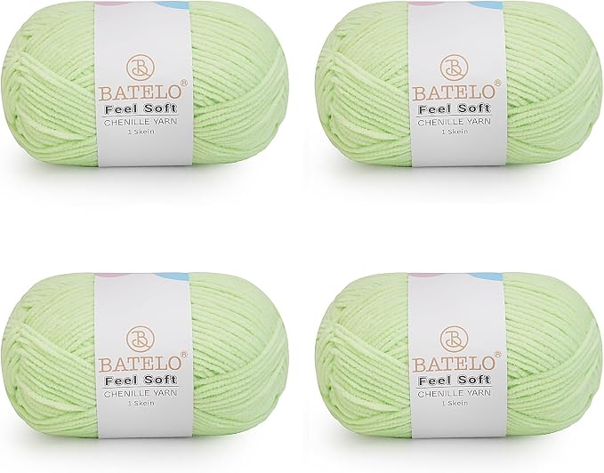 Four light green BATELO thin chenille yarn skeins with Feel Soft labels on a white background
