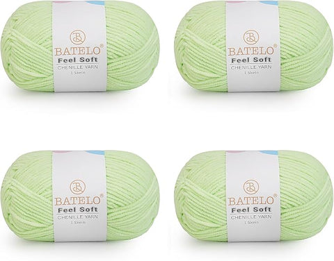 Four light green BATELO thin chenille yarn skeins with Feel Soft labels on a white background