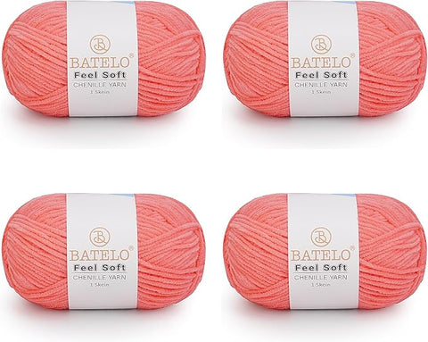 Four coral BATELO thin chenille yarn skeins with Feel Soft labels on a white background